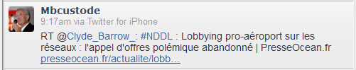 Exemple de retweet sur la marche-arrière annoncée concernant l'appel d'offre.