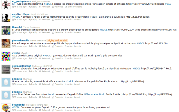 Exemples de tweets en réaction à l'appel d'offre.