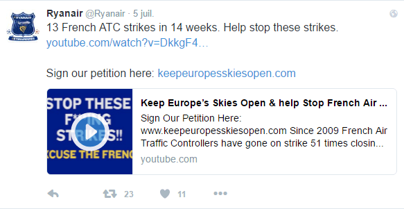 Ryanair critique les greves en France