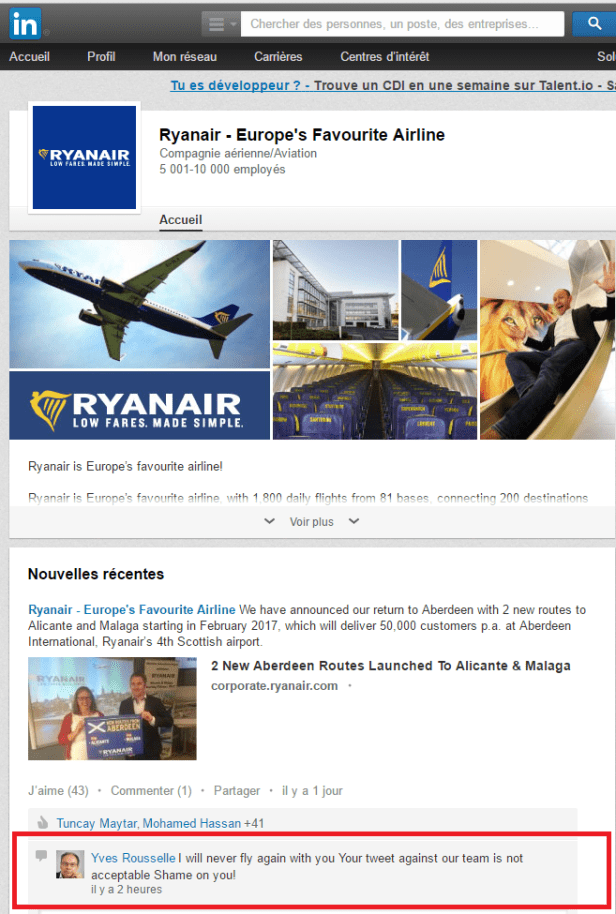 Critiques de Ryanair sur LinkedIN
