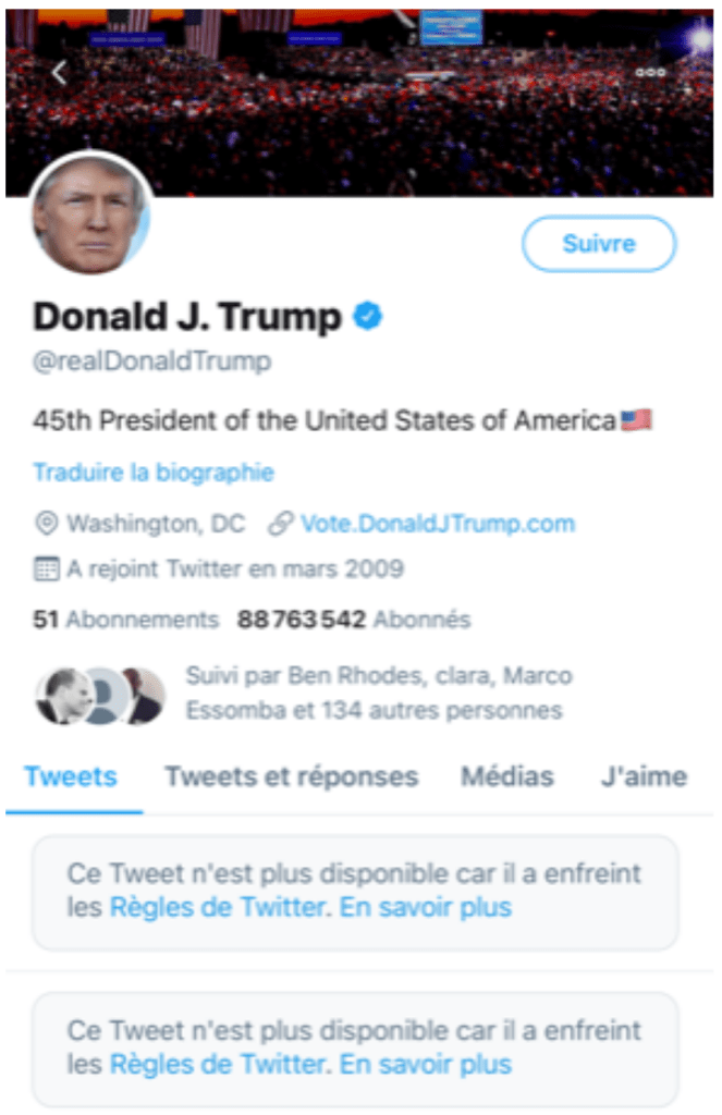 Suppression de tweets sur le compte de Donald Trump Suppression de tweets sur le compte de Donald Trump
