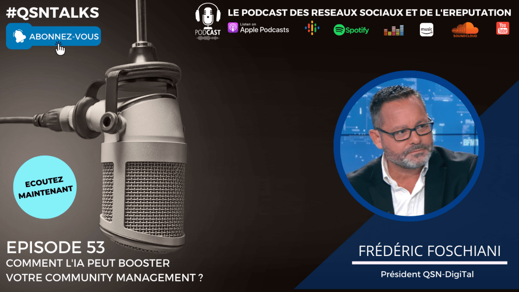 Cet article est la retranscription de l'épisode 53 du podcast QSNTALKS. Cet épisode présente les enjeux de l’IA pour le community management et les apports qui en feront, sous certaines conditions, un levier majeur de professionnalisation vous permettant d’élever votre community management à un niveau de performance insoupçonné - L'auteur du podcast #qsntalks et de cet article est Frédéric Foschiani - Président de QSN-DigiTal , expert des réseaux sociaux et de l'eReputation.