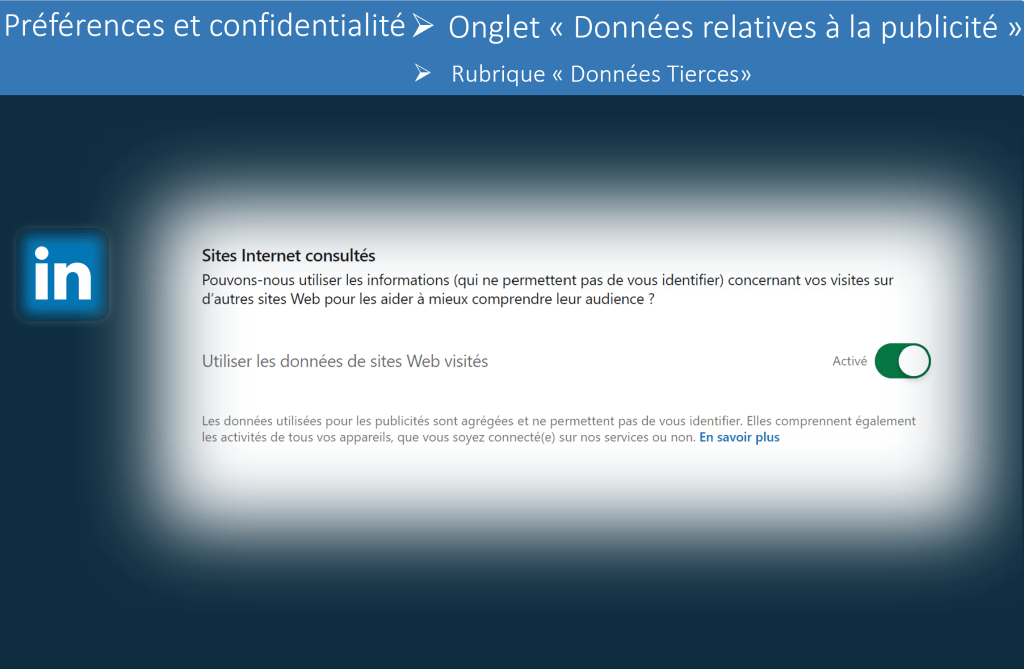 Les risques de LinkedIN sur l'utilisation des données personnelles. Risque 2 : LinkedIN suit votre navigation sur internet. Pour gérer ce paramètre, se rendre dans les préférences et confidentialité du profil, onglet données relatives à la publicité, rubrique données Tierces