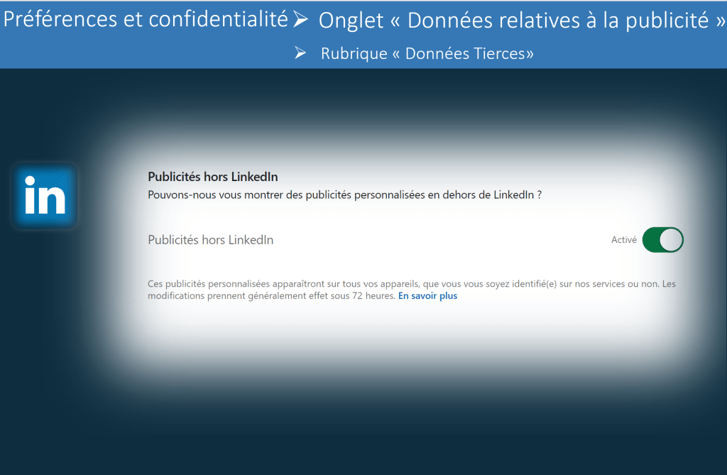 Les risques de LinkedIN sur l'utilisation des données personnelles. Risque 3 : LinkedIN suit votre navigation sur internet et vous cible avec des publicités. Pour gérer ce paramètre, se rendre dans les préférences et confidentialité du profil, onglet données relatives à la publicité, rubrique données Tierces