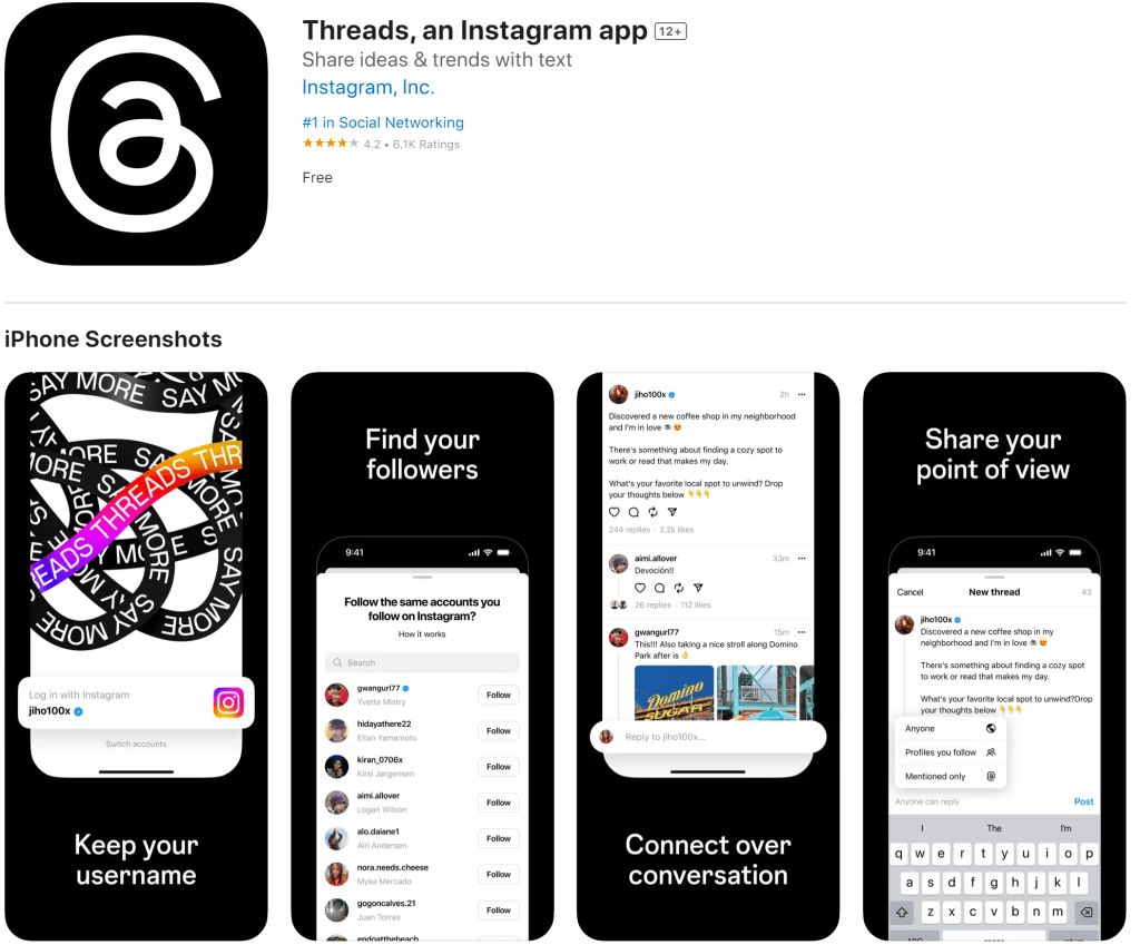 Screenshots de l'application Threads lancée par Meta le 5 juillet 2023 pour concurrencer Twitter