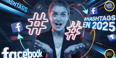 Une femme souriante, vêtue d’un blazer noir, se tient au centre de l’image avec un regard expressif et des mains ouvertes. Autour d’elle, des éléments graphiques futuristes mettent en avant les hashtags et le logo LinkedIn, soulignant le sujet des hashtags en 2025 sur Facebook. Deux hashtags lumineux en néon flottent devant elle, et le texte "#HASHTAGS EN 2025" est mis en évidence. Le logo QSN-DigiTal est visible en bas à droite, et le logo QSNTALKS en haut à droite indiquent une analyse du sujet de l'intérêt ou non de l'utilisation des hashtags sur Facebook en 2025 dans un épisode du podcast QSNTALKS