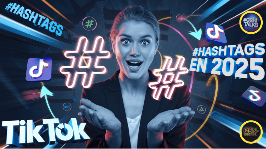 Une femme souriante, vêtue d’un blazer noir, se tient au centre de l’image avec un regard expressif et des mains ouvertes. Autour d’elle, des éléments graphiques futuristes mettent en avant les hashtags et le logo TikTok, soulignant le sujet des hashtags en 2025 sur TikTok. Deux hashtags lumineux en néon flottent devant elle, et le texte "#HASHTAGS EN 2025" est mis en évidence. Le logo QSN-DigiTal est visible en bas à droite,  et le logo QSNTALKS en haut à droite indiquent une analyse du sujet de l'intérêt ou non de l'utilisation des hashtags sur Instagram en 2025 dans un épisode du podcast QSNTALKS