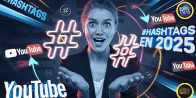 Une femme souriante, vêtue d’un blazer noir, se tient au centre de l’image avec un regard expressif et des mains ouvertes. Autour d’elle, des éléments graphiques futuristes mettent en avant les hashtags et le logo YouTube, soulignant le sujet des hashtags en 2025 sur YouTube. Deux hashtags lumineux en néon flottent devant elle, et le texte "#HASHTAGS EN 2025" est mis en évidence. Le logo QSN-DigiTal est visible en bas à droite, et le logo QSNTALKS en haut à droite indiquent une analyse du sujet de l'intérêt ou non de l'utilisation des hashtags sur YouTube en 2025 dans un épisode du podcast QSNTALKS