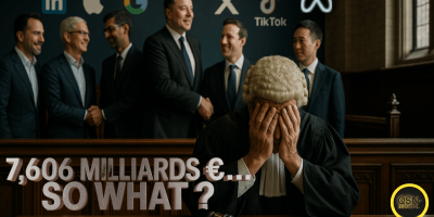 Dans une salle de tribunal, un juge en perruque blanche se tient la tête entre les mains, manifestement accablé, tandis qu'en arrière-plan, plusieurs dirigeants souriants de grandes entreprises technologiques comme Apple, Google, Meta, TikTok, X et LinkedIn se serrent la main devant leurs logos. En premier plan, un texte en lettres majuscules annonce "7,606 milliards €... SO WHAT ?", soulignant un contraste fort entre les sanctions économiques et le manque de conséquences apparentes pour ces géants du numérique. Logo de QSN-DigiTal en bas à droite.