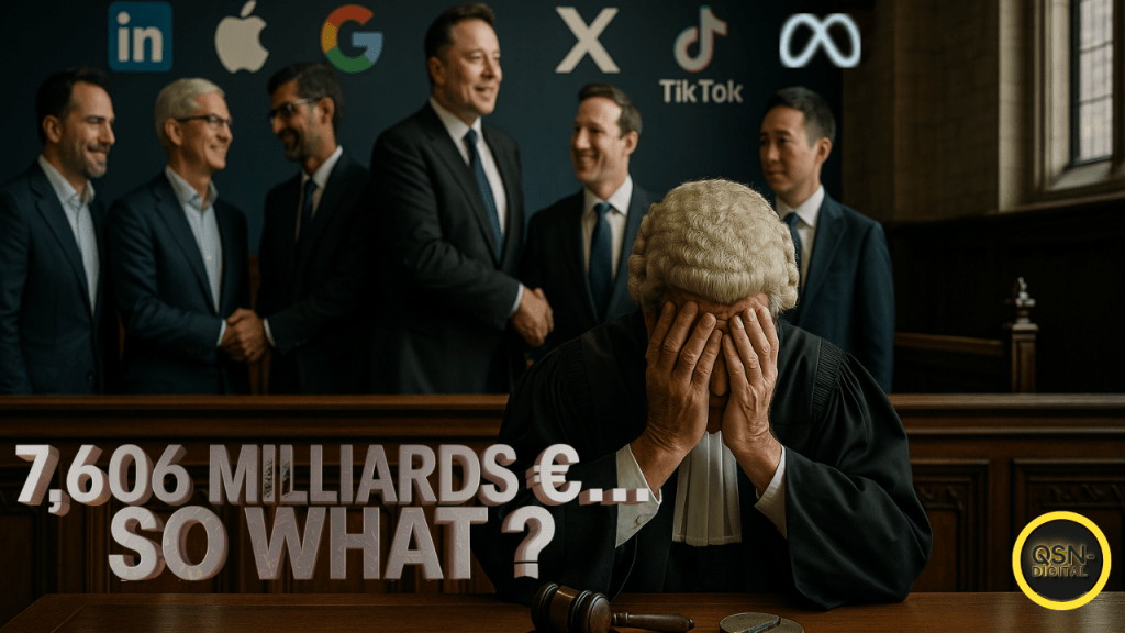 Dans une salle de tribunal, un juge en perruque blanche se tient la tête entre les mains, manifestement accablé, tandis qu'en arrière-plan, plusieurs dirigeants souriants de grandes entreprises technologiques comme Apple, Google, Meta, TikTok, X et LinkedIn se serrent la main devant leurs logos. En premier plan, un texte en lettres majuscules annonce "7,606 milliards €... SO WHAT ?", soulignant un contraste fort entre les sanctions économiques et le manque de conséquences apparentes pour ces géants du numérique. Logo de QSN-DigiTal en bas à droite.