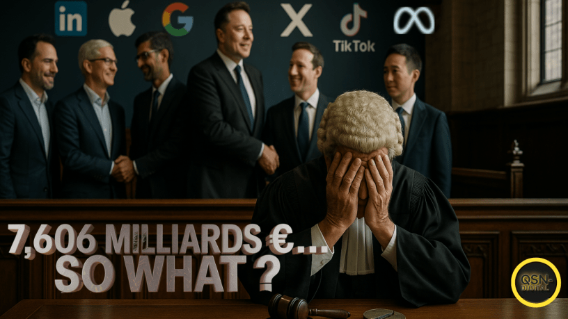 Dans une salle de tribunal, un juge en perruque blanche se tient la tête entre les mains, manifestement accablé, tandis qu'en arrière-plan, plusieurs dirigeants souriants de grandes entreprises technologiques comme Apple, Google, Meta, TikTok, X et LinkedIn se serrent la main devant leurs logos. En premier plan, un texte en lettres majuscules annonce "7,606 milliards €... SO WHAT ?", soulignant un contraste fort entre les sanctions économiques et le manque de conséquences apparentes pour ces géants du numérique. Logo de QSN-DigiTal en bas à droite.