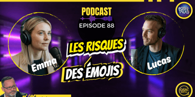 Visuel promotionnel du podcast QSNTalks avec le titre « Les risques des émojis», épisode 88. Deux intervenants sont en vedette : Emma à gauche et Lucas à droite, tous deux équipés de casques et de micros professionnels, discutant dans un décor futuriste aux tons violets. En haut, une bannière jaune indique « Le podcast des réseaux sociaux et de l'eRéputation ». En bas à gauche, apparition de Frédéric Foschiani, expert en réseaux sociaux, avec son nom sur fond jaune. Logos QSN-DigiTal et QSNTalks présents dans les coins.