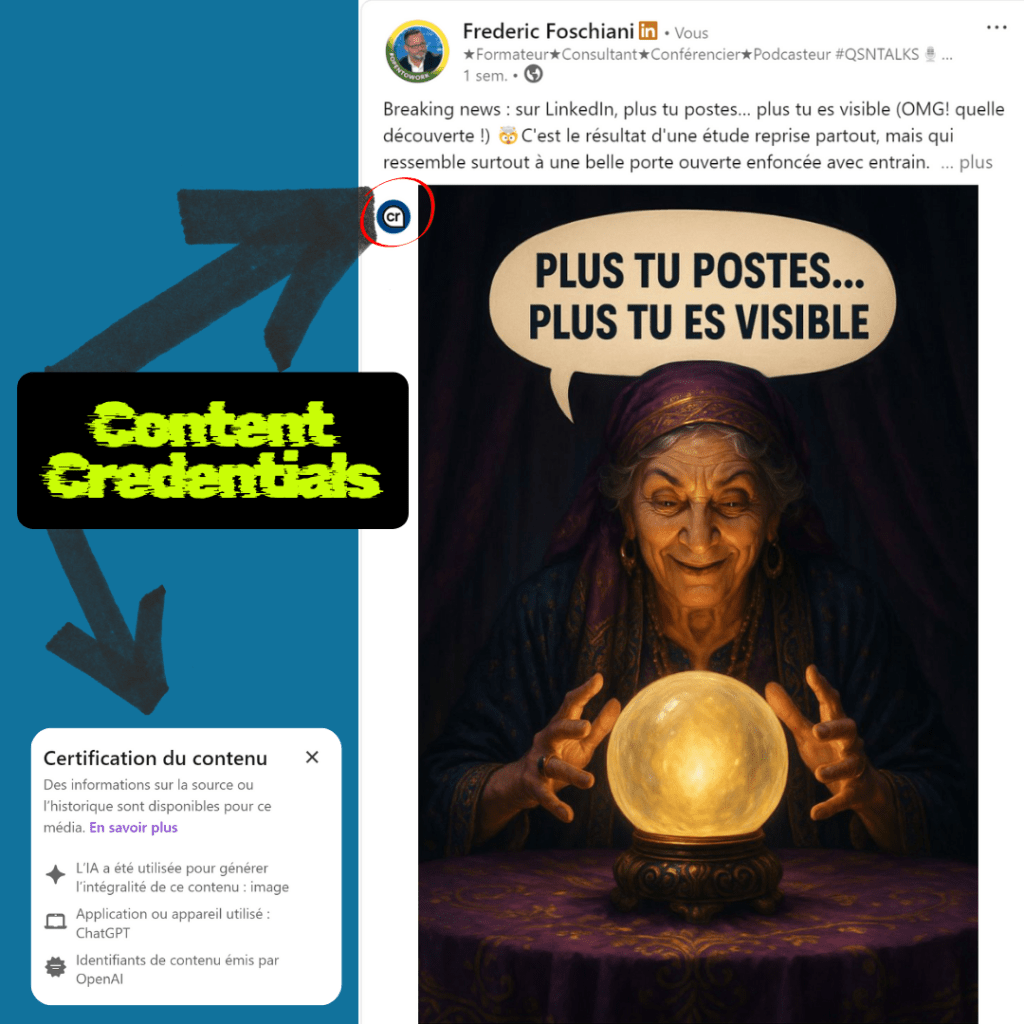Montage visuel illustrant une publication LinkedIn avec une image centrale représentant une voyante souriante tenant une boule de cristal lumineuse. À gauche de l’image, une infographie indique la présence de « Content Credentials » avec le logo CR, précisant que le contenu a été généré avec l’IA ChatGPT d’OpenAI. L’ensemble met en avant la transparence sur la provenance du contenu.