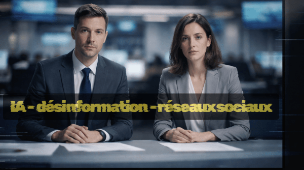 Deux présentateurs de journal télévisé, un homme et une femme en costume professionnel, sont assis en plateau dans une salle de rédaction moderne. Ils regardent la caméra avec sérieux, prêts à aborder un sujet sensible. En surimpression au centre de l’image, un bandeau noir affiche en lettres jaunes le texte « IA – désinformation – réseaux sociaux », soulignant la thématique abordée : l’impact de l’intelligence artificielle sur la propagation de fausses informations via les plateformes sociales. L’environnement professionnel et les écrans en arrière-plan renforcent la dimension informative du visuel.