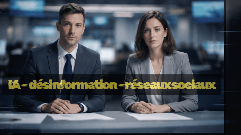 Deux présentateurs de journal télévisé, un homme et une femme en costume professionnel, sont assis en plateau dans une salle de rédaction moderne. Ils regardent la caméra avec sérieux, prêts à aborder un sujet sensible. En surimpression au centre de l’image, un bandeau noir affiche en lettres jaunes le texte « IA – désinformation – réseaux sociaux », soulignant la thématique abordée : l’impact de l’intelligence artificielle sur la propagation de fausses informations via les plateformes sociales. L’environnement professionnel et les écrans en arrière-plan renforcent la dimension informative du visuel.