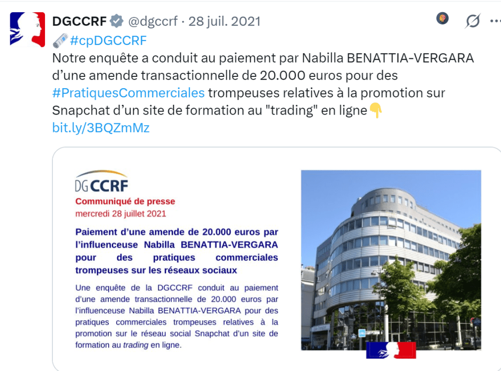 Tweet de la DGCCRF publié en juillet 2021 annonçant une amende de  20 000 € pour pratiques commerciales trompeuses à l’encontre de l’influenceuse Nabilla