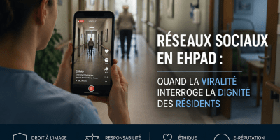Visuel illustrant les risques des réseaux sociaux en EHPAD : une soignante filme avec un smartphone une résidente âgée dans un établissement médicalisé, symbolisant les enjeux de droit à l’image, de vie privée, d’éthique du soin et d’e-réputation liés aux vidéos TikTok tournées en EHPAD.