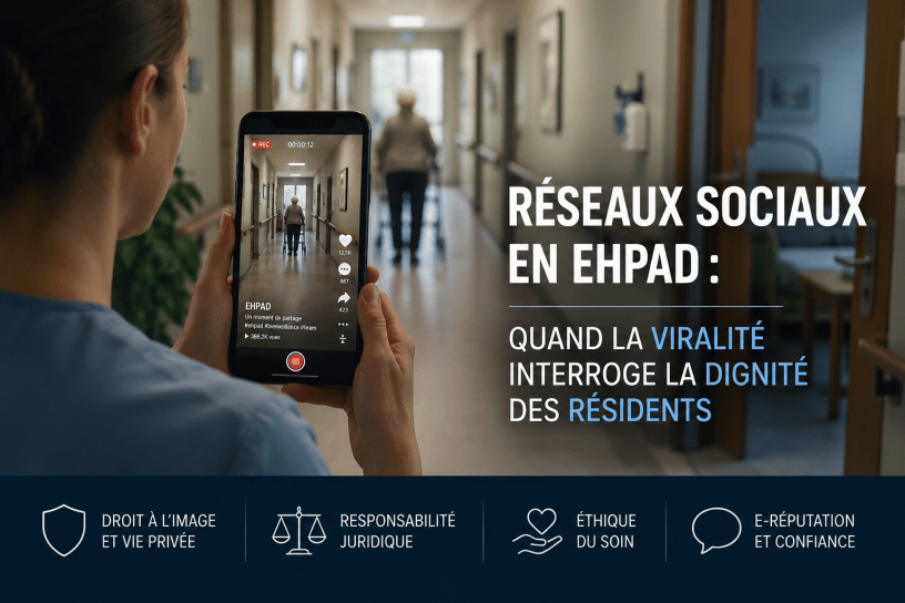 Visuel illustrant les risques des réseaux sociaux en EHPAD : une soignante filme avec un smartphone une résidente âgée dans un établissement médicalisé, symbolisant les enjeux de droit à l’image, de vie privée, d’éthique du soin et d’e-réputation liés aux vidéos TikTok tournées en EHPAD.