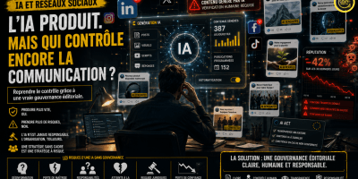 Un professionnel de communication fait face à une immense interface IA, des flux de contenus qui débordent, des notifications, des visuels générés, des posts automatiques, des alertes réputationnelles. L’humain paraît dépassé. Ce visuel illustre l'article sur le thème L’IA produit. Mais qui contrôle encore la communication ?