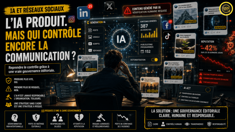 Un professionnel de communication fait face à une immense interface IA, des flux de contenus qui débordent, des notifications, des visuels générés, des posts automatiques, des alertes réputationnelles. L’humain paraît dépassé. Ce visuel illustre l'article sur le thème L’IA produit. Mais qui contrôle encore la communication ?