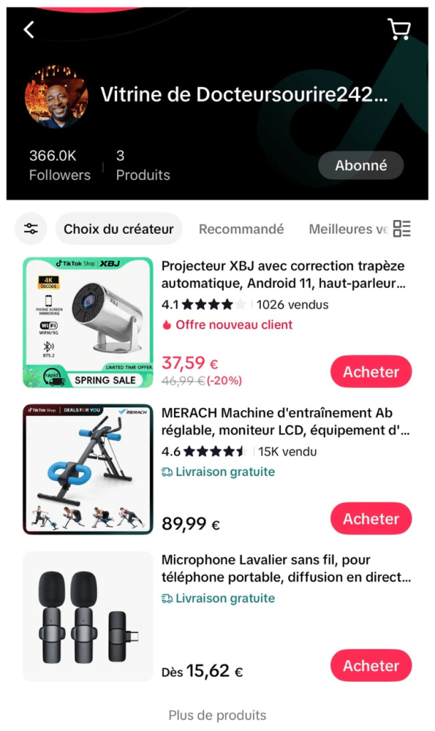 Boutique Vitrine sur le compte TikTok Docteursourire242