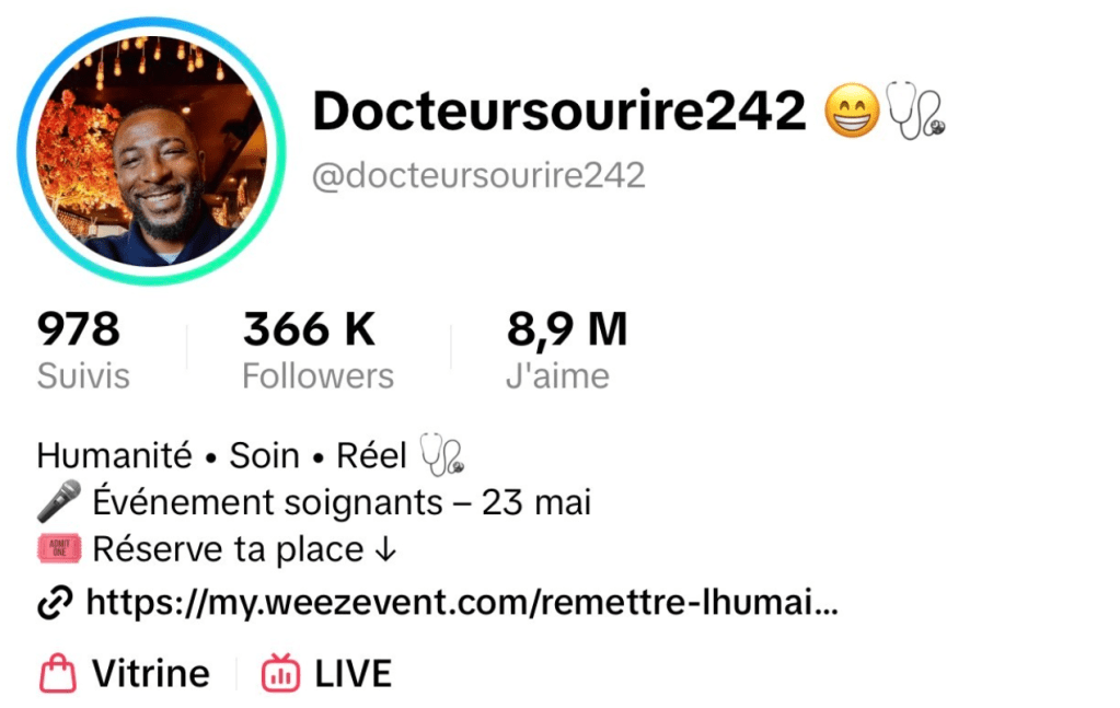 Copie d'écran de la présentation du compte TikTok Docteursourire242