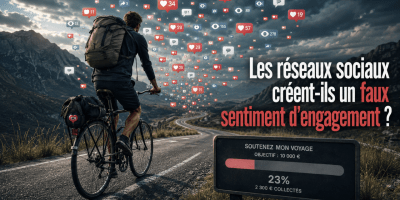 Illustration éditoriale sur les réseaux sociaux, l’économie de l’attention et l’engagement en ligne. Un jeune cycliste voyageur roule sur une route de montagne tandis qu’une multitude d’icônes symbolisant les likes, commentaires, partages et vues des réseaux sociaux flottent autour de lui. Au premier plan, une jauge de collecte de dons n’affiche que 23 % de l’objectif atteint, illustrant l’écart entre visibilité numérique et impact réel. Le visuel est accompagné du titre : « Les réseaux sociaux créent-ils un faux sentiment d’engagement ? ». Cette image illustre l’article de Frédéric Foschiani pour mettre en lumière la différence entre les métriques sociales (vues, likes, interactions) et les résultats concrets tels que les dons, les conversions ou le passage à l’action. Concept lié au marketing digital, au community management, au storytelling, à la communication sur les réseaux sociaux et à la mesure de la performance digitale.