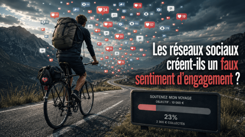 Illustration éditoriale sur les réseaux sociaux, l’économie de l’attention et l’engagement en ligne. Un jeune cycliste voyageur roule sur une route de montagne tandis qu’une multitude d’icônes symbolisant les likes, commentaires, partages et vues des réseaux sociaux flottent autour de lui. Au premier plan, une jauge de collecte de dons n’affiche que 23 % de l’objectif atteint, illustrant l’écart entre visibilité numérique et impact réel. Le visuel est accompagné du titre : « Les réseaux sociaux créent-ils un faux sentiment d’engagement ? ». Cette image illustre l’article de Frédéric Foschiani pour mettre en lumière la différence entre les métriques sociales (vues, likes, interactions) et les résultats concrets tels que les dons, les conversions ou le passage à l’action. Concept lié au marketing digital, au community management, au storytelling, à la communication sur les réseaux sociaux et à la mesure de la performance digitale.