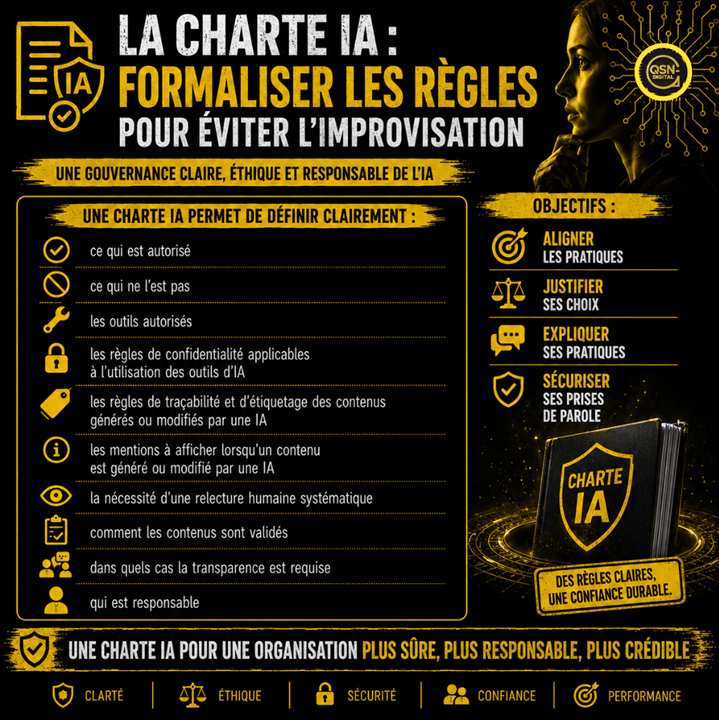Infographie sur la charte IA expliquée par Frédéric Foschiani de QSN-DigiTal, expliquant comment formaliser les règles d’utilisation de l’intelligence artificielle pour éviter l’improvisation. Le visuel met en avant une gouvernance claire, éthique et responsable de l’IA. Il détaille les éléments essentiels d’une charte IA : définir ce qui est autorisé ou interdit, les outils approuvés, les règles de confidentialité, la traçabilité et l’étiquetage des contenus générés ou modifiés par une IA, les mentions obligatoires, la relecture humaine, les processus de validation, les exigences de transparence et les responsabilités. Les objectifs présentés sont l’alignement des pratiques, la justification des choix, l’explication des décisions et la sécurisation des prises de parole. Le message souligne qu’une charte IA renforce la clarté, l’éthique, la sécurité, la confiance et la performance de l’organisation.