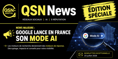 Infographie annonçant le lancement de Google AI Mode en France et illustrant l'évolution des moteurs de réponse.