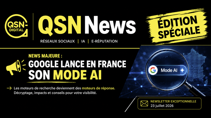 Infographie annonçant le lancement de Google AI Mode en France et illustrant l'évolution des moteurs de réponse.