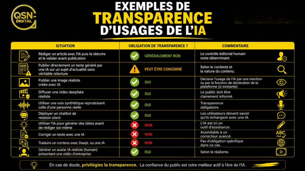 Infographie de Frédéric Foschiani, CEO de QSN-DigiTal, présentant des exemples de transparence des usages de l’intelligence artificielle en communication, marketing et création de contenus. Le visuel compare différentes situations et précise si une obligation de transparence s’applique : rédaction d’articles avec relecture humaine, publication directe de textes générés par IA, création d’images réalistes, vidéos deepfake, voix synthétiques imitant une personne réelle, chatbots de relation client, génération d’idées, correction de textes, traduction avec IA et avatars IA réalistes. Il rappelle que certains usages nécessitent une déclaration explicite afin d’informer le public, tandis que d’autres ne l’exigent généralement pas lorsque le contrôle humain reste déterminant. Le message clé encourage à privilégier la transparence pour renforcer la confiance, la crédibilité et une utilisation responsable de l’intelligence artificielle.