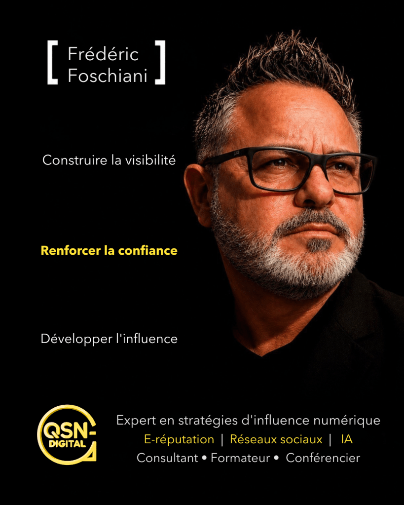 Texte alt portrait
Portrait professionnel de Frédéric Foschiani sur fond noir, avec un style sobre et élégant. Le visuel met en avant son expertise en stratégies d’influence numérique, e-réputation, réseaux sociaux et intelligence artificielle. Les messages « Construire la visibilité », « Renforcer la confiance » et « Développer l’influence » illustrent son approche d’accompagnement des entreprises et des dirigeants. Le logo QSN-DigiTal apparaît en bas de l’image avec la mention « Expert en stratégies d’influence numérique – Consultant, Formateur, Conférencier ». Image institutionnelle destinée à promouvoir des services de conseil, de formation et de conférence en communication digitale, visibilité en ligne, réputation numérique et développement de l’influence.
