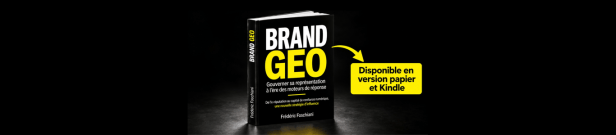 Visuel promotionnel du livre « BRAND GEO » de Frédéric Foschiani, consacré à la manière dont les moteurs de réponse fondés sur l’intelligence artificielle construisent et restituent la représentation numérique des organisations. L’ouvrage aborde l’e-réputation, la confiance numérique, la qualité et la provenance de l’information, la communication et les stratégies d’influence à l’ère de l’IA. Sur fond noir apparaît le livre « BRAND GEO – Gouverner sa représentation à l’ère des moteurs de réponse », accompagné d’une flèche jaune et de la mention « Disponible en version papier et Kindle