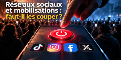 Visuel illustrant l'article « Réseaux sociaux et mobilisations : faut-il les couper ? ». Au premier plan, une main s'apprête à appuyer sur un bouton rouge d'extinction affiché sur un smartphone présentant les logos de TikTok, Instagram, Facebook et X. En arrière-plan, une foule de manifestants brandit des téléphones dans une atmosphère urbaine aux éclairages bleus et orangés. Le visuel symbolise le débat sur le blocage des réseaux sociaux lors des manifestations, entre maintien de l'ordre, liberté d'expression et régulation des plateformes numériques. Il évoque le rôle des algorithmes dans l'amplification des mobilisations collectives, du Printemps arabe aux mouvements sociaux d'octobre 2026 en France.